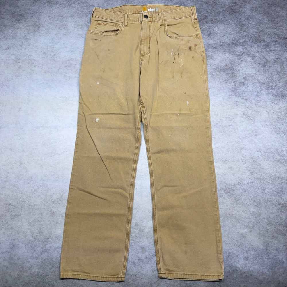 Carhartt Relaxed Fit Mens 32x30 Tan Distressed Splatter Carpenter Cargo Pants